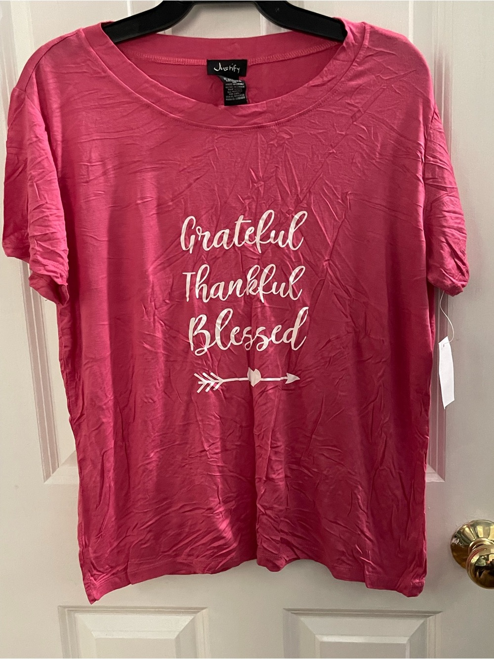 Justify Pink 'Grateful Thankful Blessed' Short Sleeve Graphic Tee